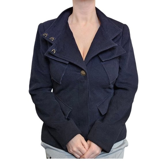 Utility Military Jacket Coat Size S Navy Blue Steampunk L.A.M.B. Angora Wool - Picture 2 of 13